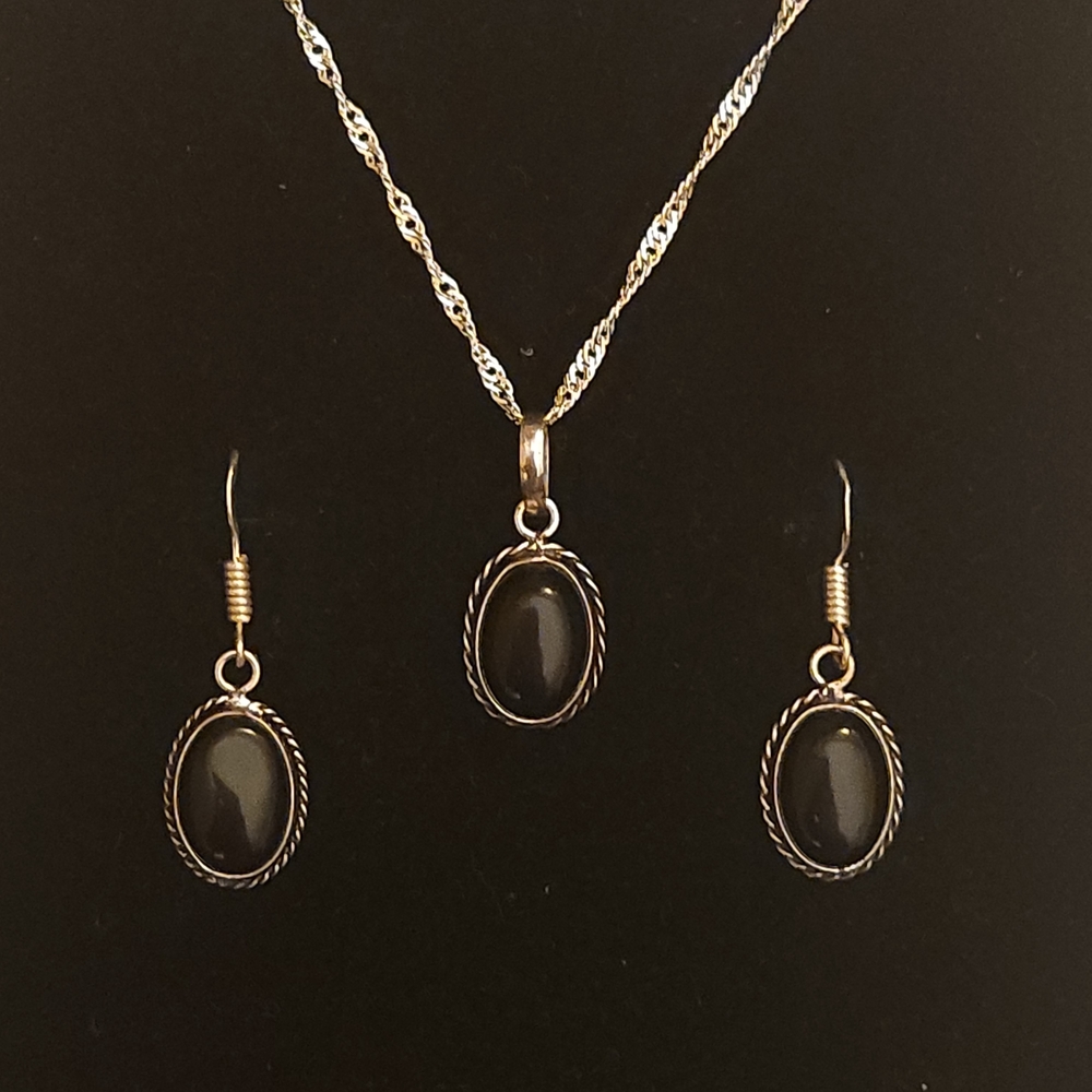 Sterling Silver And Black Onyx Necklace And Matching Earring Set